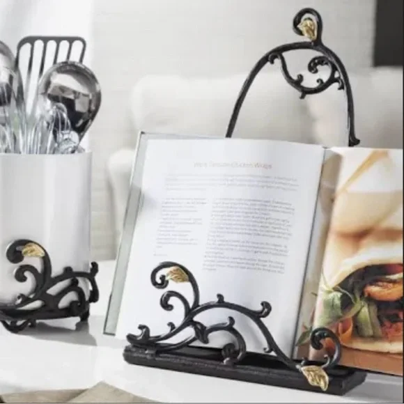 Metal Gold Leaf Book & Tablet Holder Stand with White Stoneware Message Board.